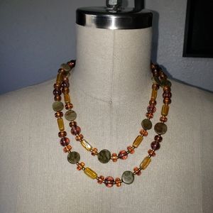 Beaded Long or Double Necklace Green Gold Yellow